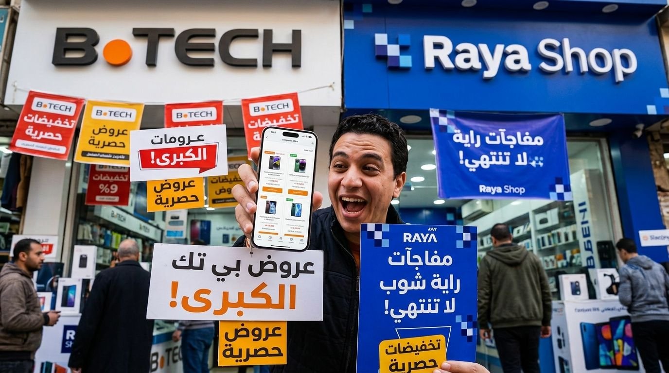 عروض تقسيط الموبايلات والهواتف الذكية في بي تك وراية شوب مصر.