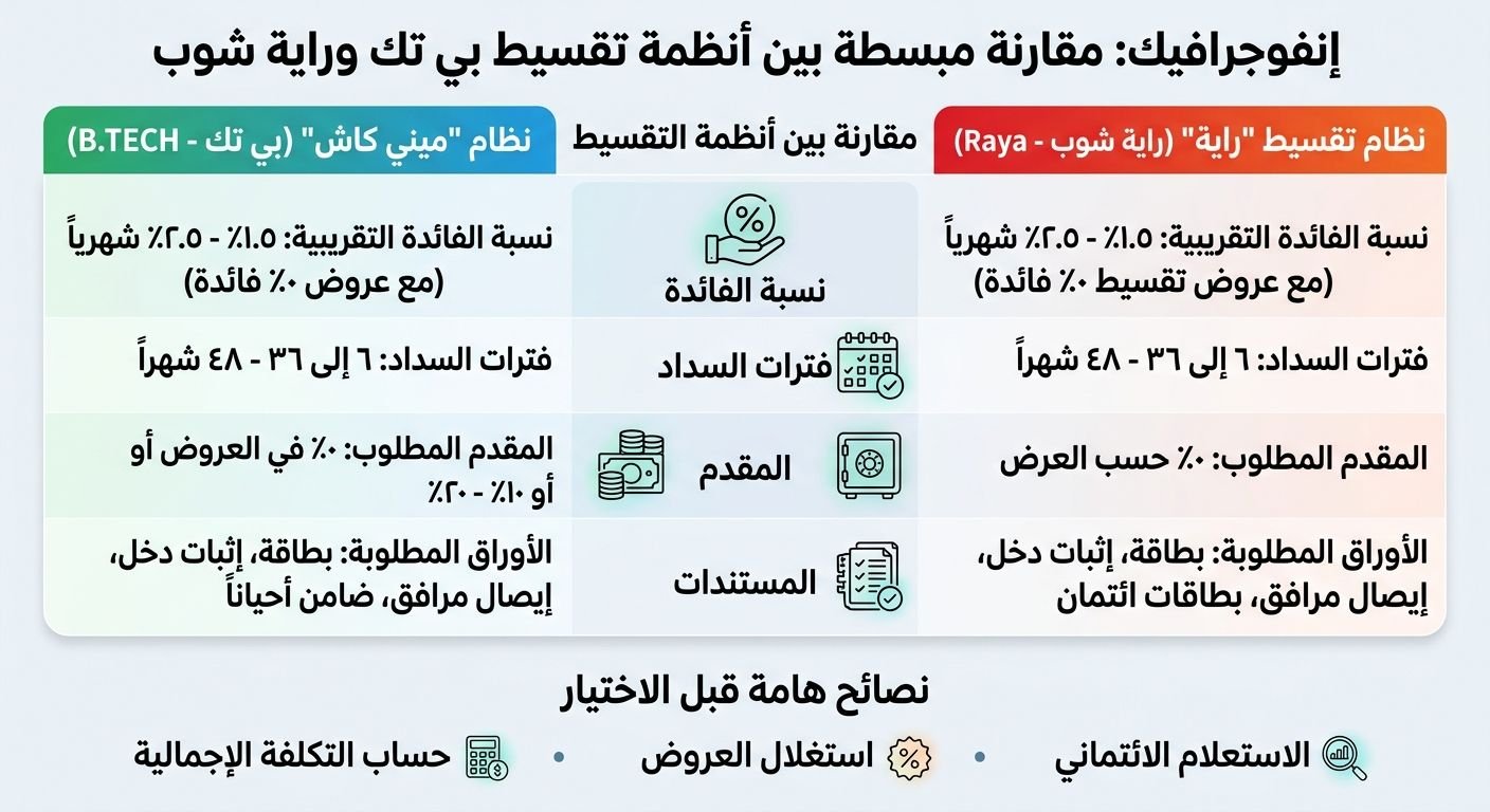 مقارنة سريعة بين فوائد وأنظمة تقسيط بي تك وراية شوب 2026.

