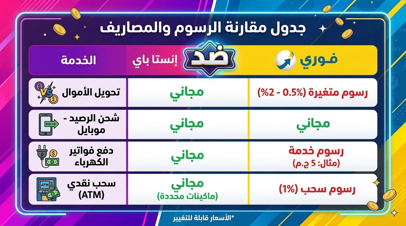 جدول مقارنة رسوم دفع الفواتير وتحويل الاموال بين فوري وانستا باي